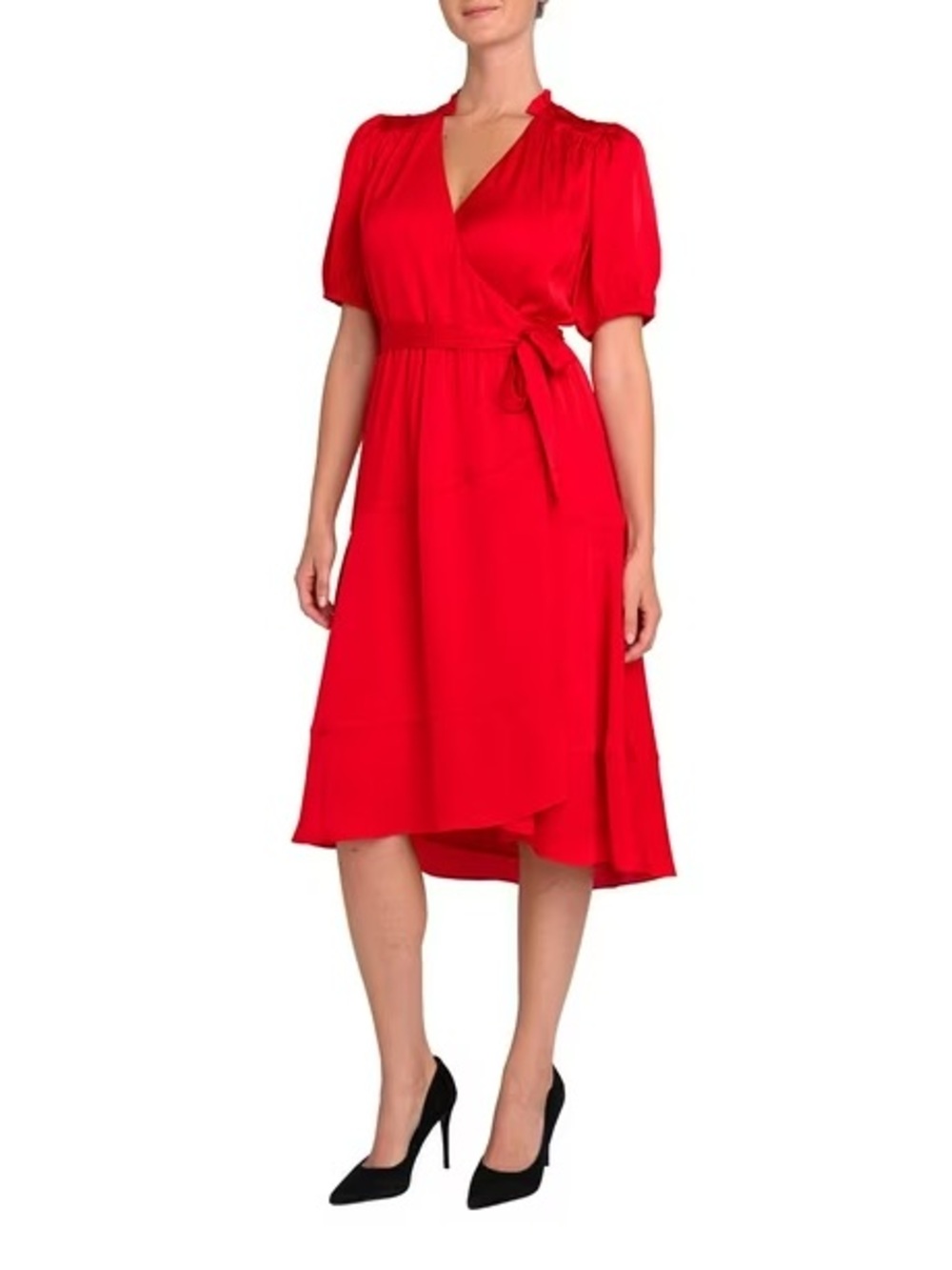 Draper James Red Midi Wrap Dress with Puff Sleeves